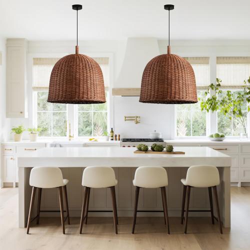 3-Light Dark Curry Rattan Pendant Light,17.7 Rustic Hanging Light,Brown Wicker Pendant Light Hand-Woven Rattan Chandelier for Workplace Restaurants Dining Living Kitchen Farmhouse