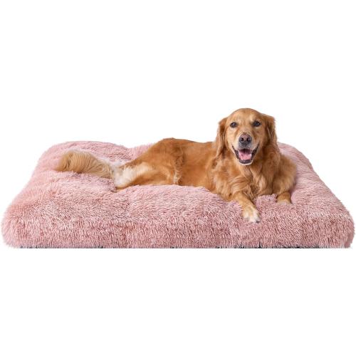 Size XL Color pink EHEYCIGA Fluffy Dog Crate Bed for Extra Large Dogs, Plush Faux Fur Crate Pad, Calming Anti Anxiety XL Dog Bed, Washable Soft Warm Crate Mat with Non-Slip Bottom, Pink