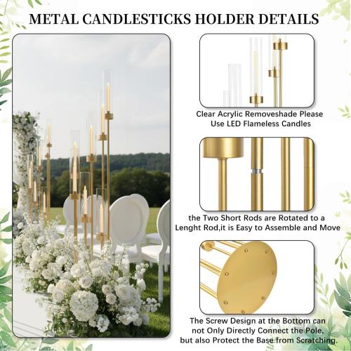 2Pcs Gold 7 Arm Candelabra Candle Stand for Wedding, Metal Candlestick Holder with Acrylic Lampshade for Theme Party Table Centerpieces Wedding Holiday Birthday Party (48Inch) Fit LED Taper Candles