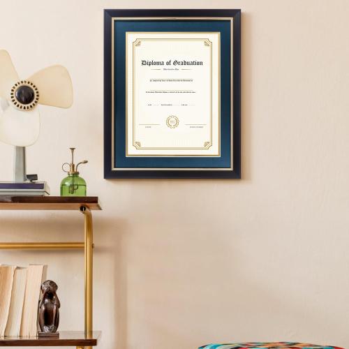 11x14 Diploma Frame with Navy over Gold Mat, 14x17 Certificate Frame, Real Wood with Gold Trim, Black Frame with Arcylic