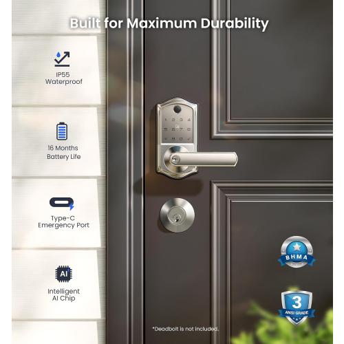 Veise VE019 Fingerprint Smart Lever Lock - APP Control, Keypad Door Lock with Handle, Keyless Entry for Front Door and Bedroom, Electronic Digital Knob, Remote Grant, IP55 Weatherproof, Satin Nickel