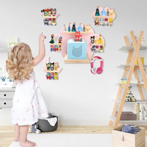 for Toniebox 2/1 Tonie Shelf Wall Mounted Set,Tonies Figures Tonies Storage,Magnetic Wooden Floating Shelves Compatible with Tonie Box Player Character for Children Room(Pink-Set)