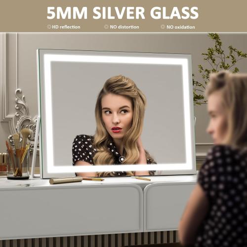 Gvnkvn Ligheted Vanity Mirror with Lights, 14 x 10 LED Makeup Mirror, 3 Modes Light, Smart Touch Control Dimmable, 360°Rotation, Rectangle White Frame