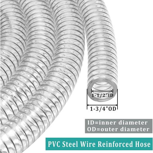 Flexible Hose 1 1/2 id - 10ft Clear PVC Spiral Steel Wire Reinforced Vinyl Tubing 1.5 inch Plastic Vacuum Pipe Flex Suction Hose for Dust Collection Boat Marine Pump, Drain Water Fuel Gas