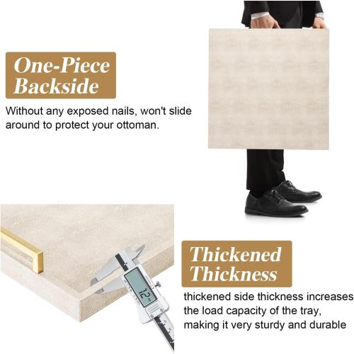 Large Ottoman Tray for Coffee Table,Square Shagreen Leather Decorative Tray with Gold Handles for Living Room Decor