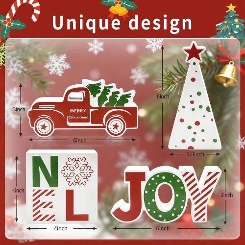 4 Pcs Christmas Table Decorations Indoor Wooden Red Truck Winter Tiered Tray Decor Rustic Merry Christmas Tree NOEL JOY Centerpiece Gift Farmhouse for Home Kitchen Shelf