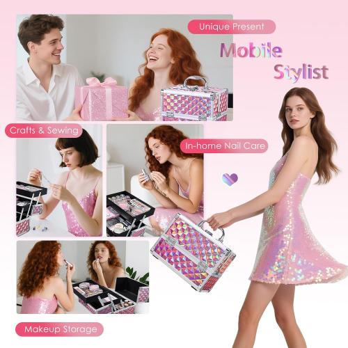 Makeup Case with Lighted Mirror Travel Makeup Organizer Box 2 Trays Lockable Cosmetic Train Case with Movable LED Mirror for Girls Make Up Nail Kits Sewing Vanity Storage Case Shiny Pink