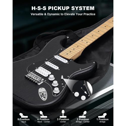 RVONE RST-150 39 Beginner Electric Guitar Kit with Amp & HSS Pickups | Complete Starter Set for Newcomers w/Essentials | Gig Bag, Extra Strings, Digital Tuner, Capo, Strap | Home Practice (Black)‼️missing pieces‼️