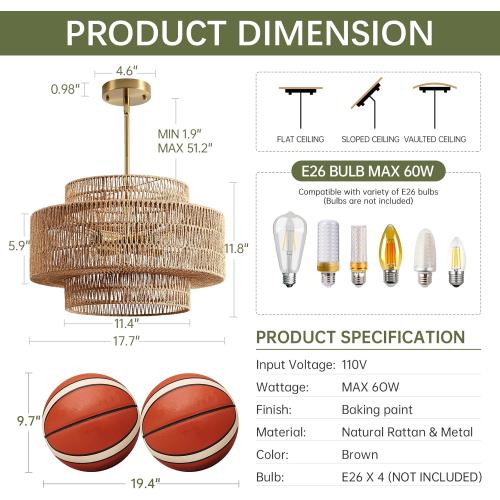 4-Light Boho Rattan Chandelier Light Fixture, 17.7” Hand Woven Rustic Chandeliers Farmhouse Chandelier Hanging Light for Dining Room Kitchen Island, Living Room, Foyer