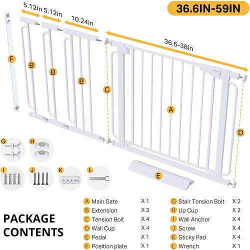 Cumbor 36.6-59 Extra Wide Baby Gate for Stairs, Pressure Mounted Dog Gate for Doorways, Auto-Close Easy Walk Through Safety Child Gate for Kids Toddler, Tall Pet Gates Indoor, White