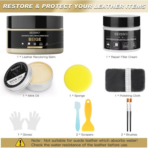 SEISSO Leather Repair Kit for Furniture, Beige Vinyl Repair Kit with Mink Oil for Couches, Color Restorer Conditioner, Leather Recoloring Balm for Scratches, Fading Shoes, Car Seat, Sofa