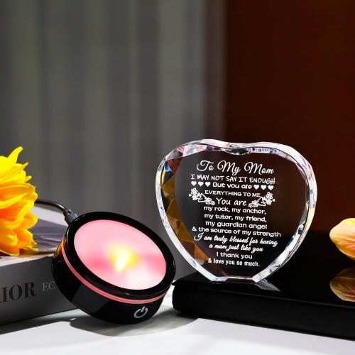 YWHL Gifts for Mom from Daughter Son Moms Mother's Day Birthday Gifts Crystal Unique to My Mom Heart Keepsakes Gift for Mother with Colorful LED Base