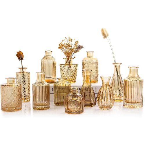 Gold Amber Glass Bud Vases Set of 12, Small Vases for Flowers, Champagne Mini Vintage Vases for Centerpieces,Bud Vase in Bulk for Wedding Decor,Single Flowers,Office and Home Table Flower Décor