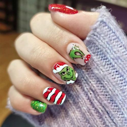Christmas Nails,24Pcs Short Press on Nails Christmas Fake Nails with Cute Green Monster Designs Full Cover Glitter Red Green Xmas False Nail Holiday Artificial Square Glue on Nail for Women DIY Nail