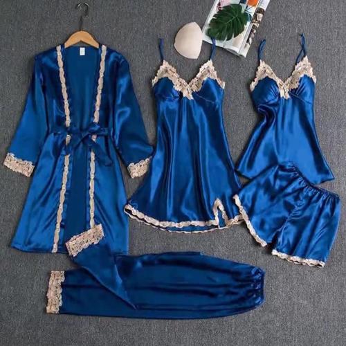Women Medium Satin Pajamas Set 5 Piece Sleepwear Comfy Spring Summer Pjs Outfits Casual Loungewear Nightgown