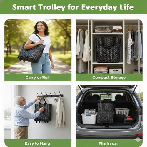 2-in-1 Foldable Shopping Bag with Wheels, Foldable Shopping Cart with Telescopic Handle, Reusable Eco-Friendly Shopping Bag for Women & Senior(Black Checkered Pattern)