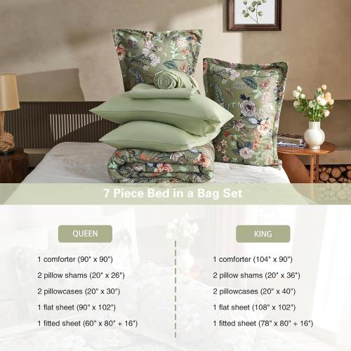 7 Piece Queen Comforter Set, Sage Green Butterfly Floral Comforter Set with Flowers Leaves Pattern, Soft Microfiber Complete Bedding Set for All Season(Sage Green, Queen)