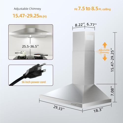 FIREGAS Range Hood 30 inch Wall Mount Type with Ducted/Ductless Convertible, 450 CFM Stainless Steel Chimney-Style Kitchen Hood, Over Stove Vent Hood with 3 Speed Fan, LED Light, Charcoal Filters