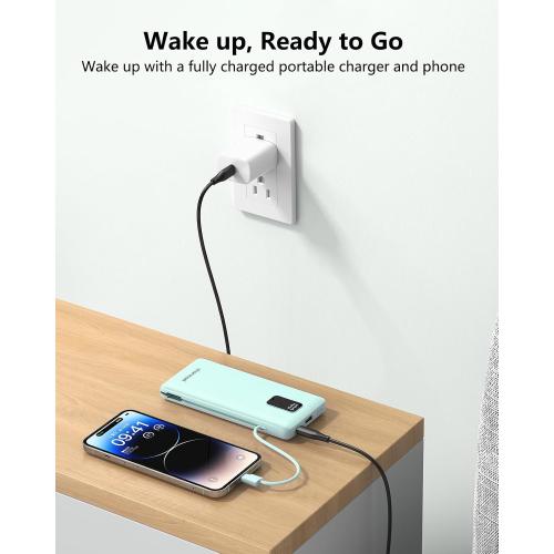 charmast Portable Charger with Built-in Cables and Plug, 10000mAh USB C Power Bank Fast Charging, External Battery Pack Slim, Travel Essentials Compatible with iPhones, Samsung Galaxy, iPad