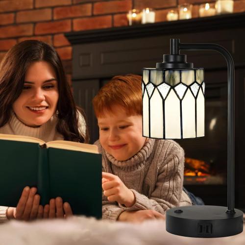 TL0019 Tiffany Table Lamp with 2 USB Charging Ports, Desk Lamp with Geometric Stained Glass Lamp Shade, Retro Nightstand H 14.5 for Bedrooms Office Study, LED Bulbs Included (Grey)