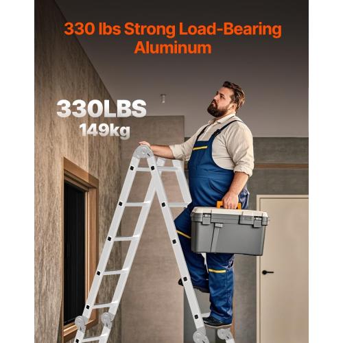 ANTI SKID PEDAL Multi-Purpose Folding Ladder, 7-in-1 Tall Extension Step Ladder, A Frame 4 Step Telescoping Ladder, 15.5ft Reach Height Heavy Duty Adjustable Ladder, 330 lbs Capacity for Home Outdoor