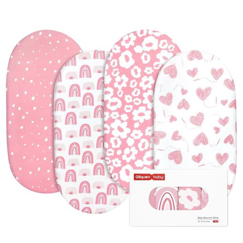 Gllquen Baby Bassinet Sheets 4 Pack, Breathable Cozy Fitted Mattress Sheet, Elastic Travel Crib Fashionable Floral Pattern, Standard Cradle Safe Sheets for Baby Boys Girls 32x16(Love)