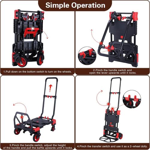 Size 25x18x4.7 Color Red 2-in-1Hand Truck Dolly Foldable with Folding Basket,330LBS Capacity Handtruck,Hand Truck Foldable Dolly with 4 Wheels,Dolly Cart with Retractable Handle,Folding Hand Cart for Moving