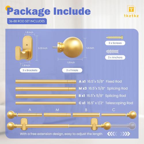 TKZTKZ Curtain Rods No Drilling with Adhesive Brackets,Adjust 36-88,Gold