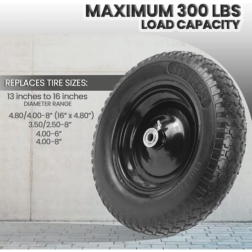 (2-PACK) 4.80/4.00-8 Flat Free Tire and Wheel - Universal Fit 14.5 Solid Wheelbarrow Tires with 3 Hub and 5/8 Bearings – Extra Adapter kit includes 3/4 Ball Bearings, 1 and 1/2 Nylon Spacers