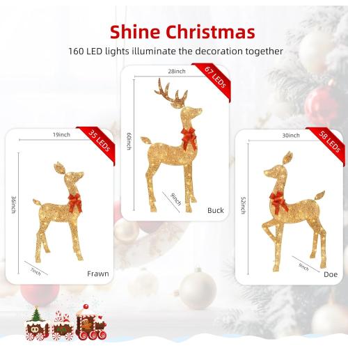 HOYECHI 5 FT Oversized Christmas Decorations Outdoor Lighted Reindeer – 3-Piece 2D Deer Family Set with 160 Warm White LED Lights for Yard, Lawn, Garden & Porch Holiday Display - Gold