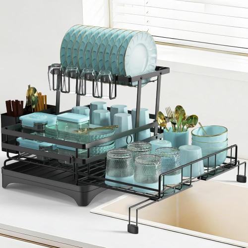 AULEEP 2-Tier Foldable Dish Drying Rack for Kitchen Counter Over the Sink