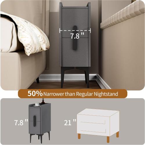Size 15.7 D x 7.8 W x 22.4 H Color light grey VICITON Narrow Nightstand with 2 Drawers, Narrow Side Table Leather Surface, Slim Bedside Table for Bedrooms, Dormitories, Living Rooms (Light Gray, 15.7 D x 7.8 W x 22.4 H)
