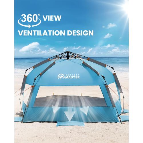 OutdoorMaster Beach Tent for 3-4 Person - Easy Setup and Portable Beach Shade Sun Shelter Canopy with UPF 50  UV Protection Removable Skylight Family Size