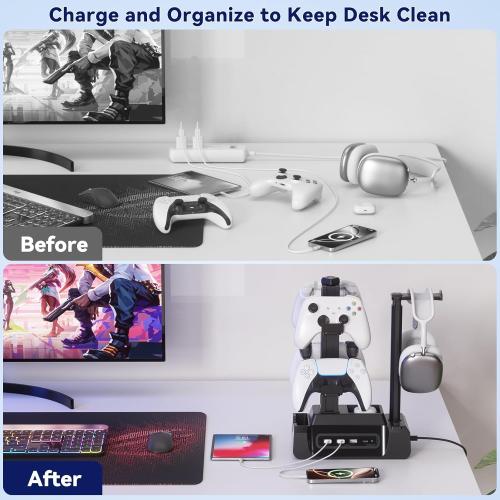 KDD Charging Station for Multiple Devices - 4 Ports Charging Dock with Controller and Headset Stand - 3 USB A & 1 USB C for Cellphone Tablet and Other Electronic - Multi Storage for Gaming Accessories