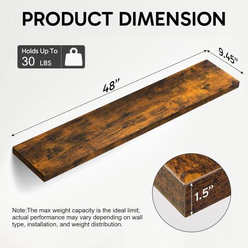 Rustic Brown 2 pack 48 BAYKA Floating Shelves, 48 inches Long Wall Mounted Rustic Wood Shelves for Bathroom, Bedroom, Living Room, Kitchen, Office, Hanging Shelf for Books/Storage/Decor(Rustic Brown,Set of 2)