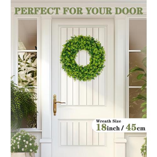 2Pack 18in Boxwood Wreaths, Artificial Preserved UV Resistant Green All SeasonsWinter Spring Summer Door Wreaths for Front Door Outdoor Indoor Farmhouse Porch All Year Round