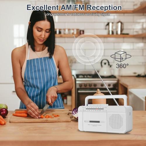 Portable Cassette Player Recorder Boombox with AM/FM Radio, AC or Battery Powered Vintage Casette Tape Player with Loud Speaker and Earphone Jack for Home or Outdoor White