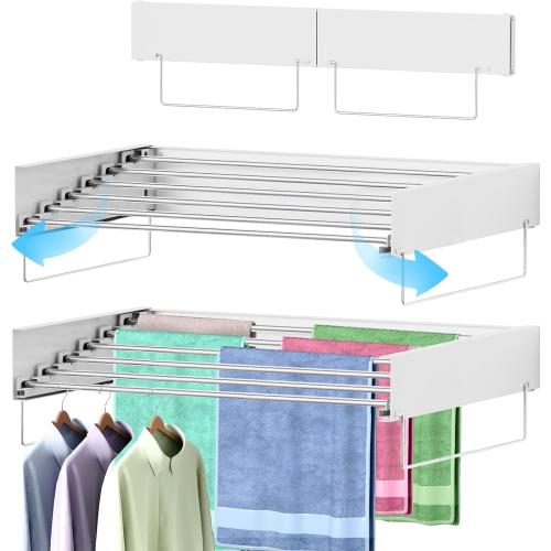 Wall Mounted Clothes Drying Rack, Laundry Drying Rack Clothing Wall Mount, Laundry Hanger Foldable with 2 Towel Handles and Wall Template for Hanging Clothes, Space Saving, 6 Rods, 40 Inch, White