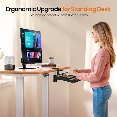 BLACK Klearlook Keyboard Tray Under Desk with 360° Rotation, Ergonomic Computer Keyboard & Mouse Tray 25W×11.02D Sit Stand Desk Keyboard Holder w/Wrist Rest & Storage Drawer (Height is not Adjustable)