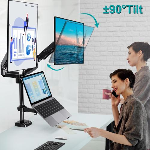 MOUNT PRO Monitor and Laptop Mount, Gas Spring Dual Monitor Arm Fit Two Max 27inch Computer Screens, Laptop Tray for Max 17 Inch Notebooks, 3-in-1 Laptop and Monitor Desk Mount