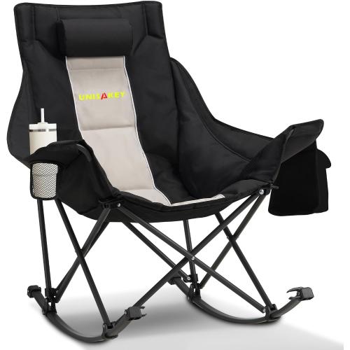 Unisakey Oversized Rocking Camping Chair with Headrest & Cup Holder - 400lbs Capacity, 600D Oxford Fabric, Easy Fold Portable Outdoor Rocker Chair for Camping, Backyard, Beach, Light Gray