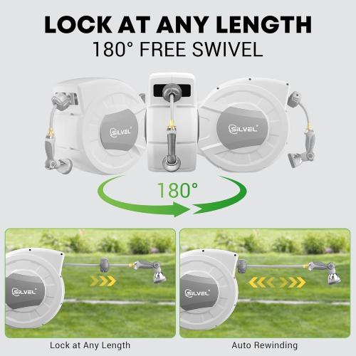 Retractable Garden Hose Reel, 1/2 x 100ft Wall Mount Heavy Duty Automatic Hose Reel with 10 Pattern Nozzle, Any Length Lock & Slow Return System, 180°Swivel Bracket Upgraded UV Resistant,Light Grey