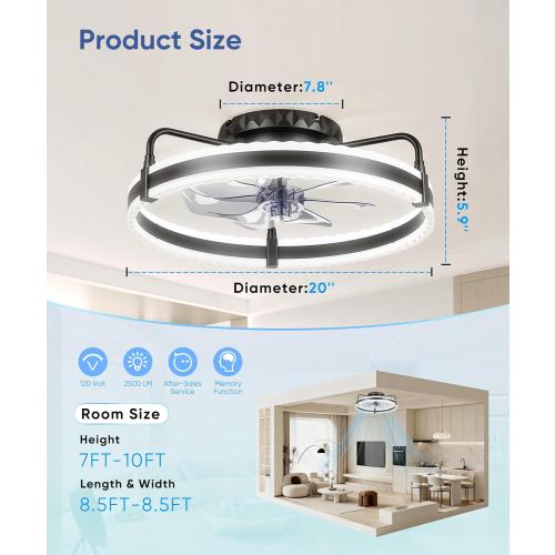 Ceiling Fan with Lights, 20'' Low Profile Ceiling Fans, 3000-6500K Dimmable Fandelier LED Fan Light, Black Modern Flush Mount Ceiling Fan, 6 Speeds Reversible DC Motor Noiseless for Bedroom, Kids Room