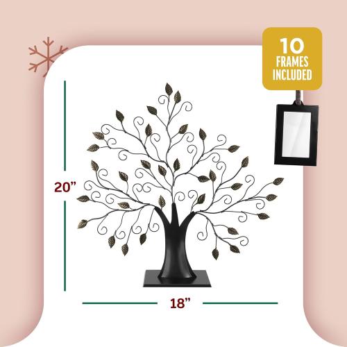 20x 18 Klikel Family Tree Picture Frame Display with 10 Hanging Picture Photo Frames | Large 20 x 18 Metal Tree | 10 Ornamental 2x3 Frames