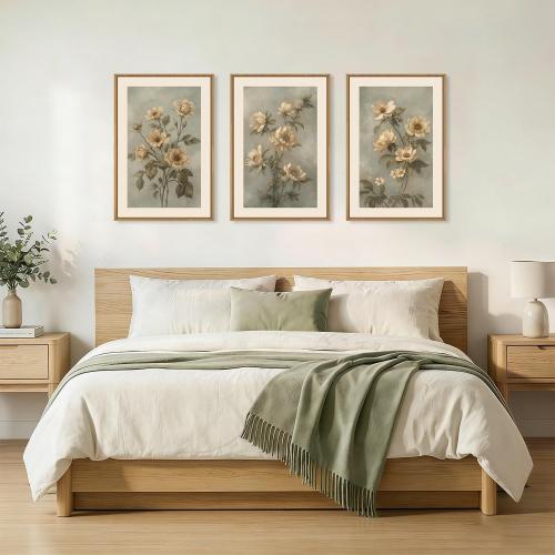 KAIRNE Vintage Botanical Flower Framed Canvas Wall Art Set,Boho Green Beige Floral Wall Decor,Rustic Wildflower Art Prints,Modern Minimalist Artwork for Living Room,Bedroom,Farmhouse,Office-16 x24 x3