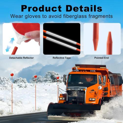 Pack of 12 Remiawy Driveway Markers 12 Pack, 48” Driveway Reflectors on Poles, High Visibility Snow Stakes with Double Sided Reflector, Reflective Fiberglass Rods for Snow Plowing, Garage Entrance, Parking Lot