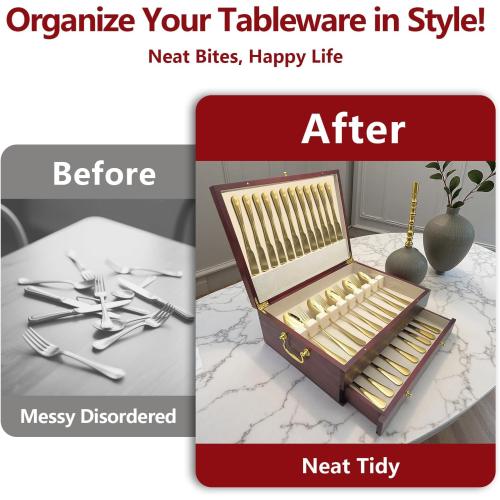 Silverware Storage Box, Kitchen Drawer Organizer, Drawer-containing flap-type storage box, Wood Chest, with Tarnish Proof Felt Lined, Storage Silver Chest for Kitchen (2 layer)