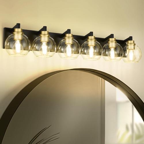 Bathroom Light Fixtures, 6-Light Black and Gold Bathroom Vanity Light, 38 Inch Modern Wall Sconces with Globe Clear Glass Shade, Vanity Lighting Fixtures Over Mirror, VL195-KG-6