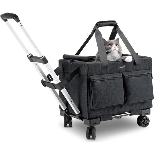 DARK GREY Pecute Cat Carrier with Wheels,Steel Wire Frame Cat Carrier, Stable Pet Trolley Bag for Cats, Pet Handbag and Stroller, Portable Cat Carrier Bag for Car Travel Bus Subway, Dark Grey