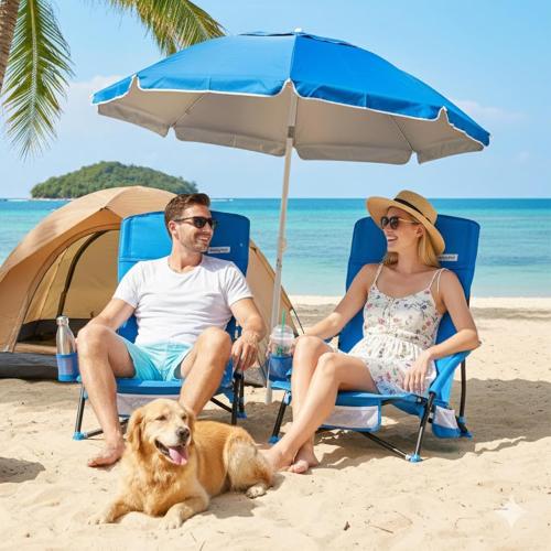 SUNNYFEEL Folding Beach Chair, High Back Beach Chairs for Adults, Lightweight Portable Camp Chair 300lbs Heavy Duty with Carry Bag, Cup Holder for Outdoor Travel Picnic Concert, 2 Pack, Blue